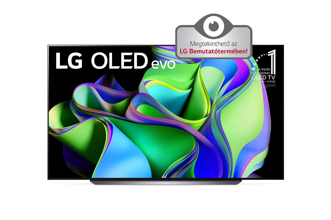 LG OLED evo C3, 83 col, 4K felbontás, 2023-as smart TV, Az LG OLED evo elölnézete a képernyőn a „11 Years World No. 1 OLED” (11 éve a világ első számú OLED-je) emblémával. , OLED83C31LA