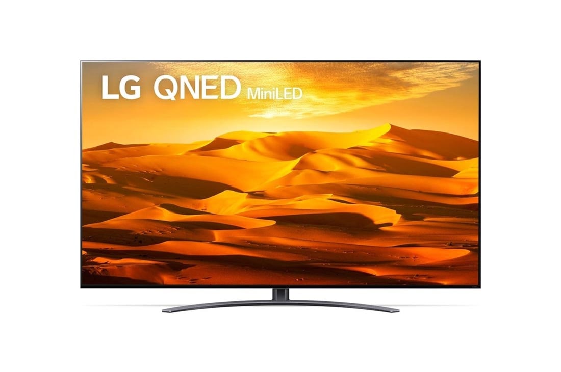 LG QNED 65'' QNED91 MiniLED 4K TV, Az LG QNED TV elölnézete kitöltőképpel és terméklogóval, 65QNED913QE