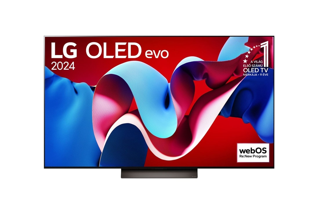 LG 77 colos LG OLED evo C4 4K Smart TV 2024, Az LG OLED evo TV, OLED C4 elölnézete, 11 Years of world number 1 OLED Emblem logo a képernyőn, valamint a hangprojektor alatta, OLED77C41LA