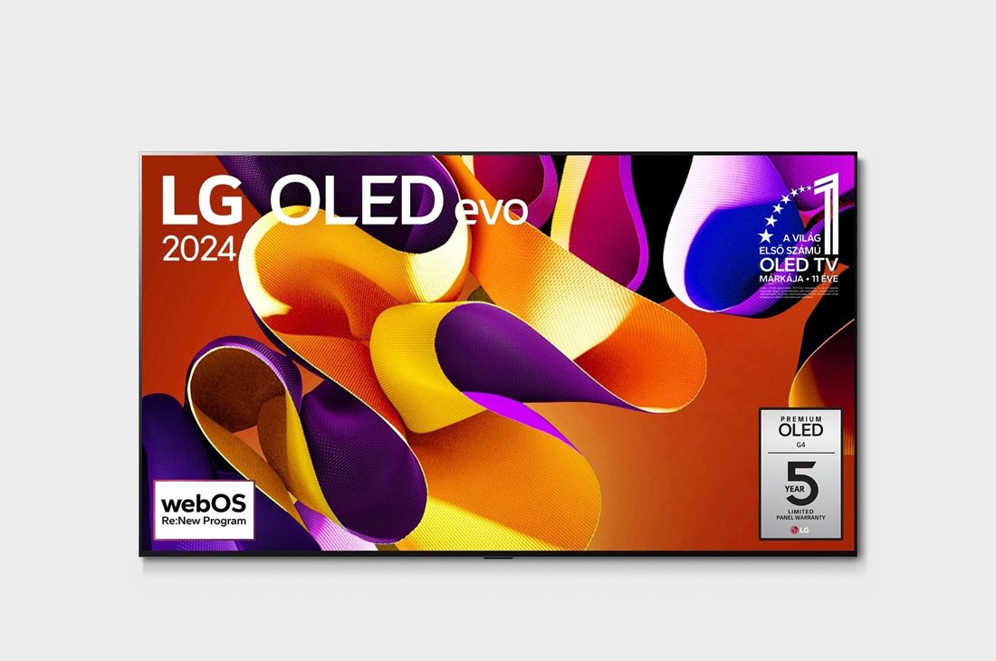 LG 97 colos LG OLED evo G4 4K Smart TV 2024, Elölnézet: LG OLED evo TV, OLED G4, 11 Years World No. 1 OLED (11 éve a világ első számú OLED-je) embléma és 5-Year Panel Warranty (5 év kijelzőpanel garancia) logó látható a képernyőn., OLED97G42LW