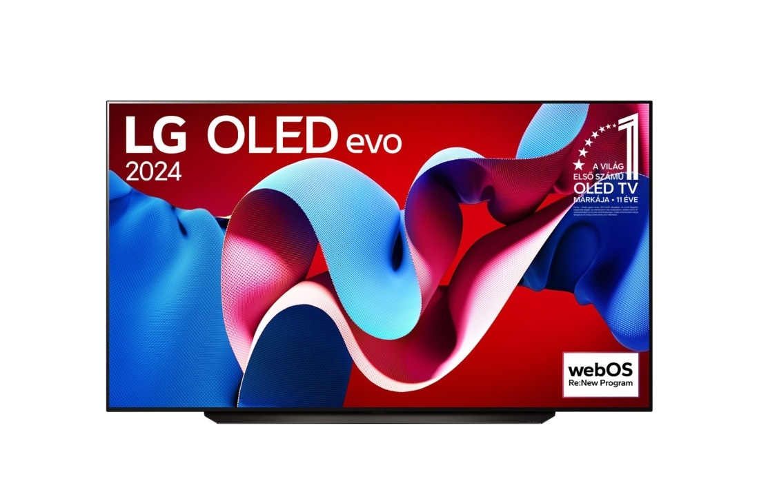 LG 83 colos LG OLED evo C4 4K Smart TV 2024, LG OLED evo TV elölnézet, OLED C4, 11 Years of world number 1 OLED (11 éve a világ első számú OLED-je) embléma látható a képernyőn, OLED83C41LA