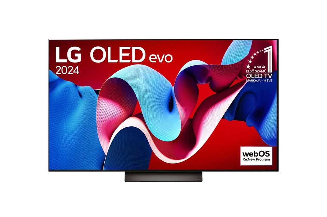 LG 55 colos LG OLED evo C4 4K Smart TV 2024, Az LG OLED evo TV, OLED C4 elölnézete, 11 Years of world number 1 OLED Emblem logo a képernyőn, valamint a hangprojektor alatta, OLED55C41LA