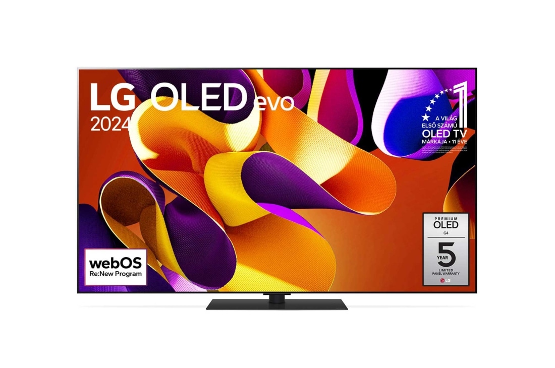 LG 65 colos LG OLED evo G4 4K Smart TV 2024, Elölnézet: LG OLED evo TV, OLED G4, 11 Years World No. 1 OLED (11 éve a világ első számú OLED-je) embléma és 5-Year Panel Warranty (5 éves panelgarancia) logó látható a képernyőn., OLED65G43LS