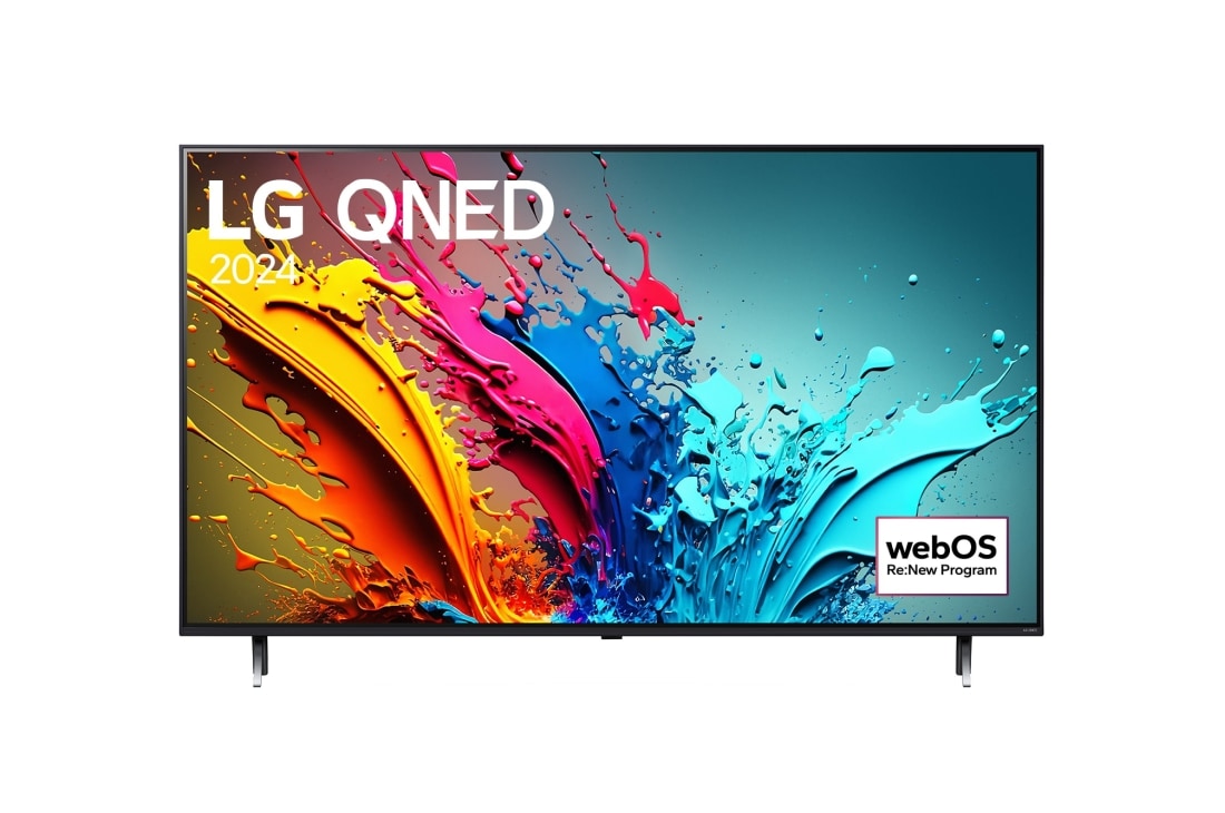 LG 50 colos LG QNED85T3A 4K Smart TV 2024, LG QNED TV, QNED85 elölnézete az LG QNED, 2024 szöveggel és a webOS Re:New Program logóval a képernyőn, 50QNED85T3A