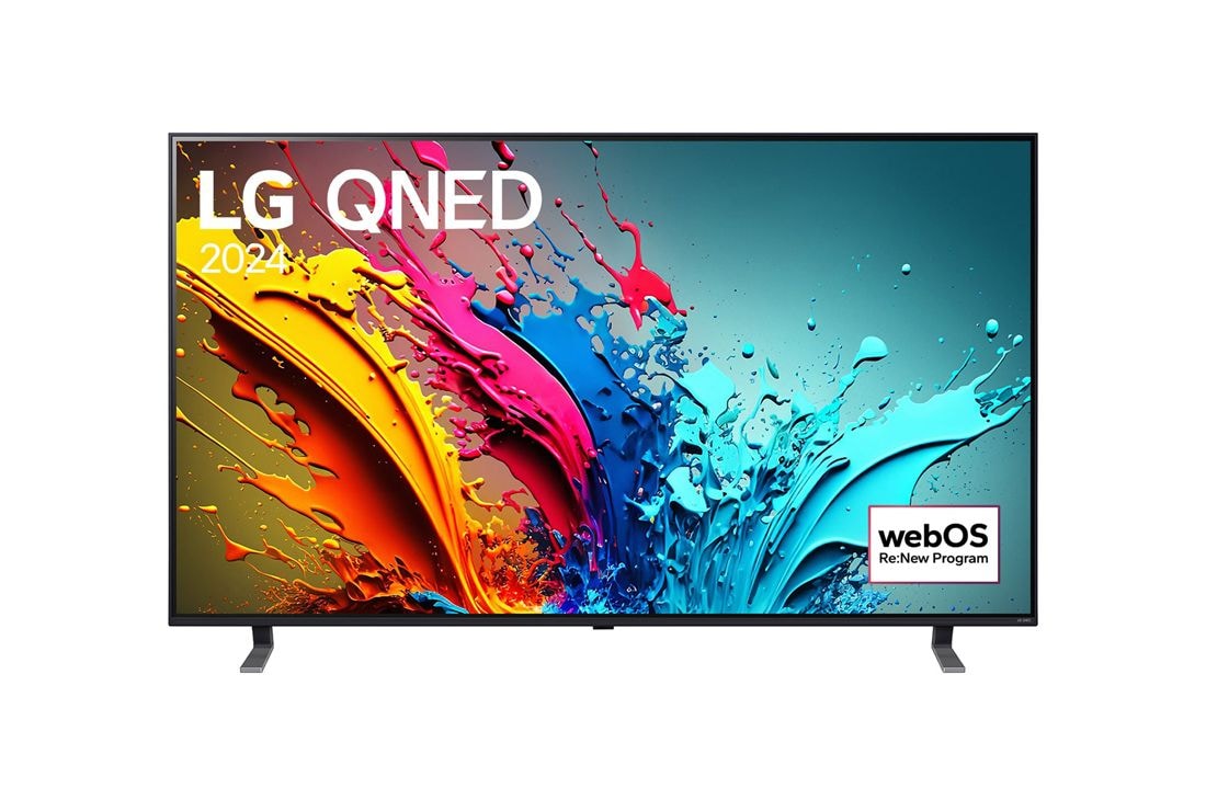 LG 75 colos LG QNED85T3C 4K Smart TV 2024, LG QNED TV, QNED85 elölnézete az LG QNED, 2024 szöveggel és a webOS Re:New Program logóval a képernyőn, 75QNED85T3C