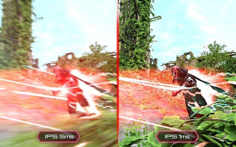 Side-by-side comparison of IPS 5ms vs. IPS 1ms gaming monitor response rate