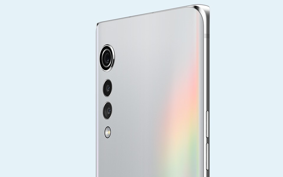 A rear view of the LG VELVET smartphone in Aurora Silver colour