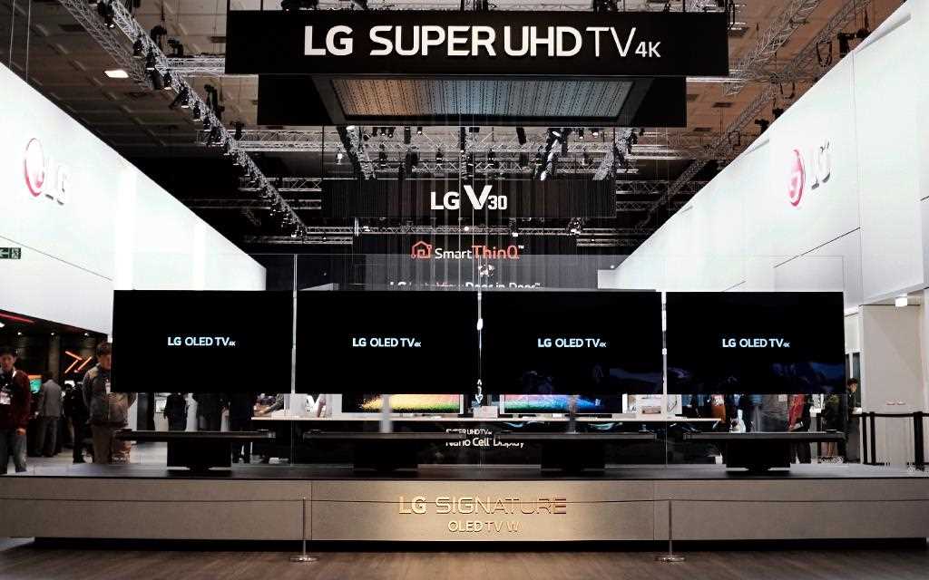 An image of LG booth presenting innovative OLED tv products at berlin IFA 2017.
