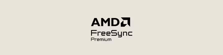 תמונה המציגה את לוגו הסמכת AMD FreeSync Premium בצבע שחור, במרכז של רקע בצבע בז' בהיר.