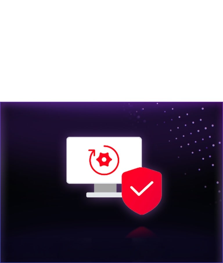 טלוויזיה חכמה LG SMART TV AI LB65 עם LG Shield מוכרת לניהול עדכוני אבטחה, המיוצג על ידי סמלי מערכת ומגן, עם מנגנונים לניטור ועדכון בזמן אמת שעוזרים למנוע איומים ולשמור על הגנת המערכת.