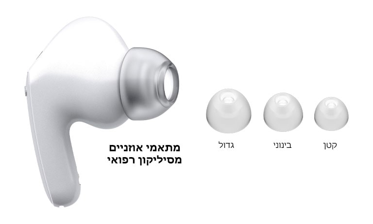 תמונה של אוזנייה לבנה ושלושה סוגי מתאמי אוזניים בגדלים שונים (גדול, בינוני, קטן).