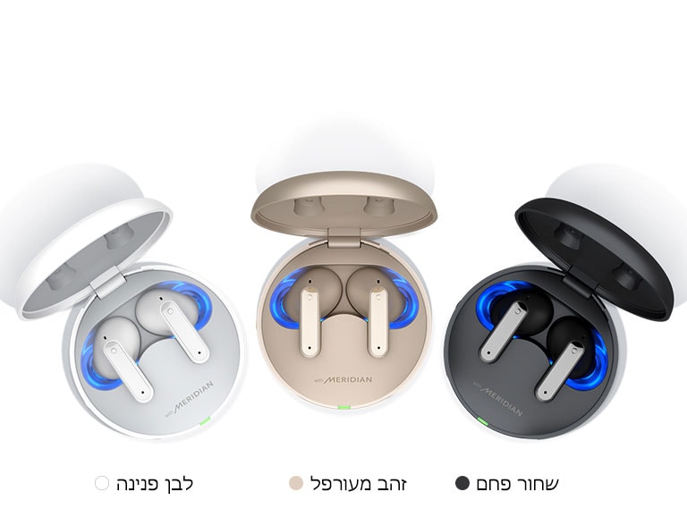 תמונה של אוזניות TONE Free בצבע שחור, זהב ולבן מוצגות במבט מלמעלה תחת הכיתוב ‚בחרו את ה-TONE שלכם‘.