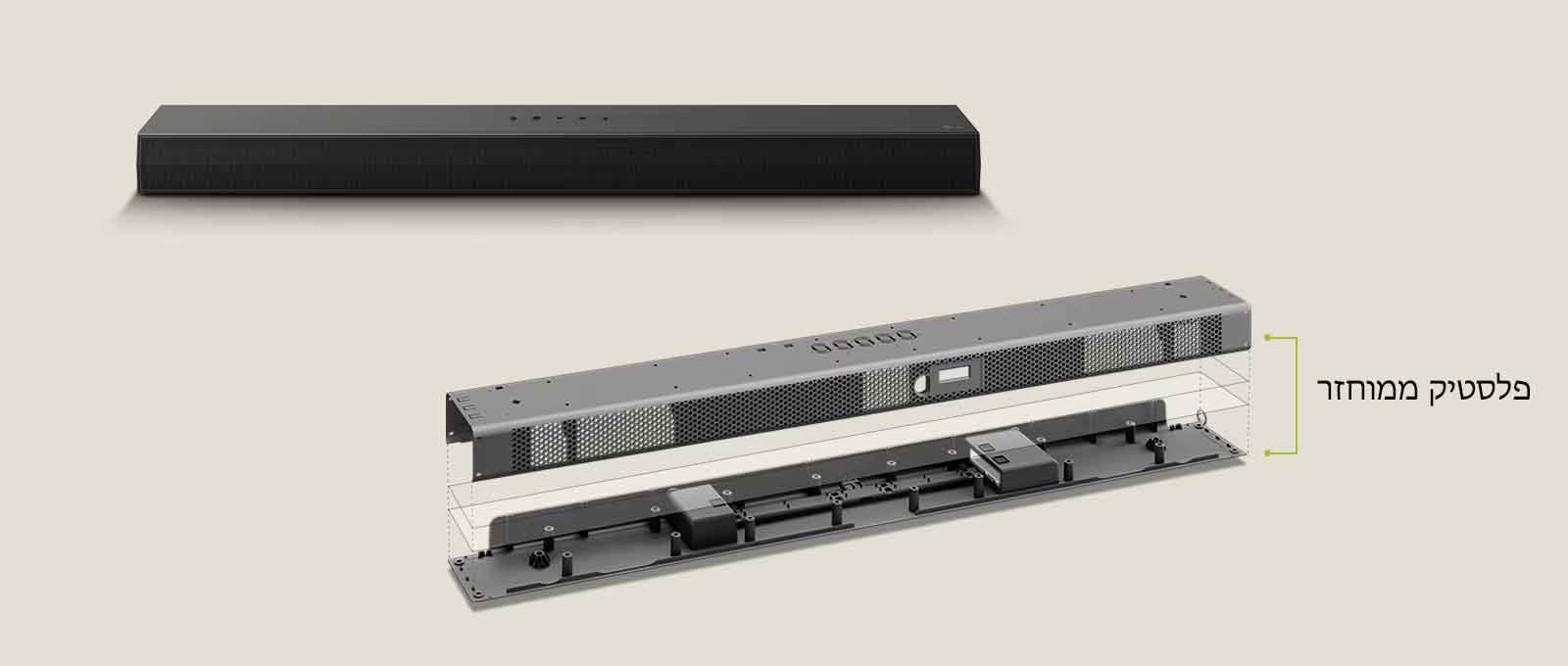 "מאחור מבט קדמי על ה-Soundbar ומלפנים תמונת מתאר של ה-Soundbar. מבט אלכסוני על החלק האחורי של מסגרת המתכת של ה-Soundbar עם המילים ""פלסטיק ממוחזר"" המצביעות על קצה המסגרת."