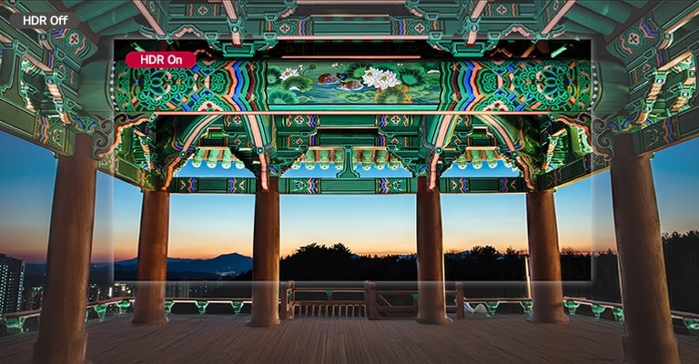 הדפוסים הקוריאניים המסורתיים המבריקים והצבעוניים הם חיים ועדינים יותר במסך HDR On מאשר במסך HDR Off.
