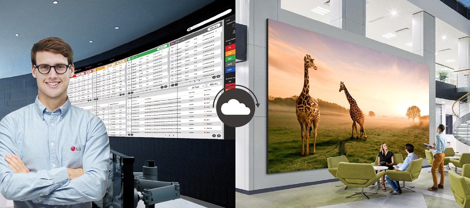 מהנדס LG עוקב בזמן אמת אחר מצב ה-LG MAGNIT המותקן בלובי של חברה.