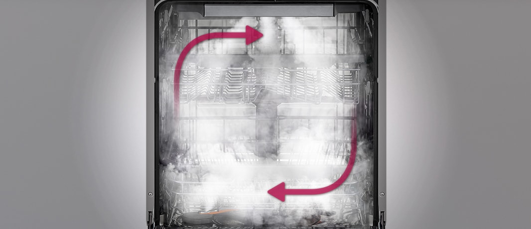 מבט מבפנים של מדיח כלים מלא באדים עם כיסוי מושלם לניקוי יסודי.