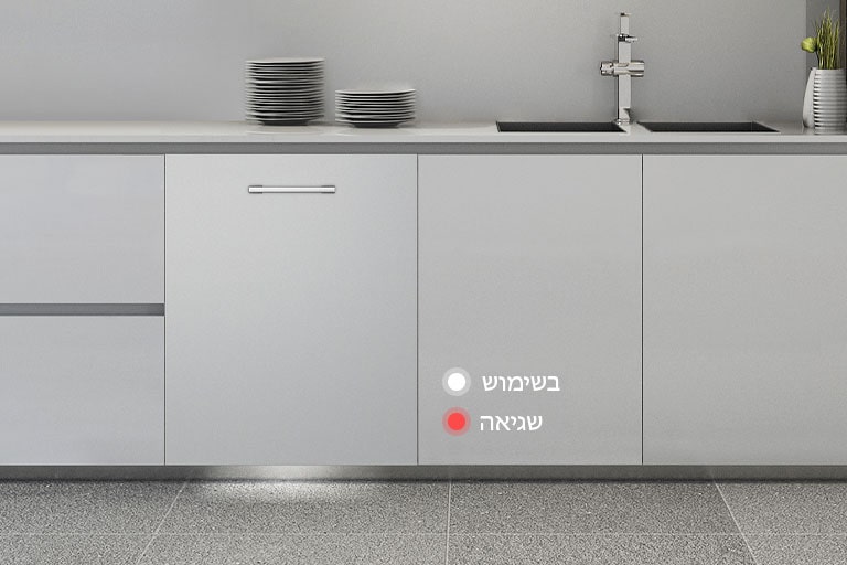 מדיח כלים מובנה במטבח עם נורית לבנה המראה מצב תפעול ונורית אדומה המציינת שגיאה.