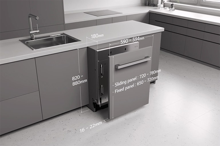 צילומים של מידות מדיח הכלים ואזור ההתקנה.