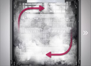 מבט מבפנים של מדיח כלים מלא באדים עם כיסוי מושלם לניקוי יסודי.