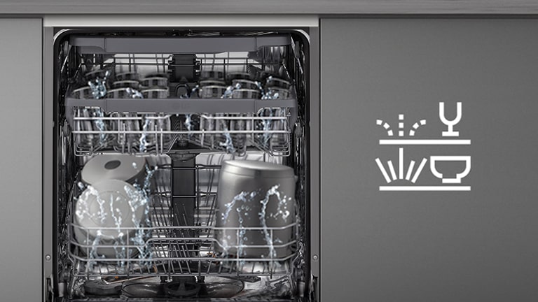 פנים מדים הכלים עם שטיפה עדינה במדף העליון ושטיפה עוצמתית במדף התחתון.