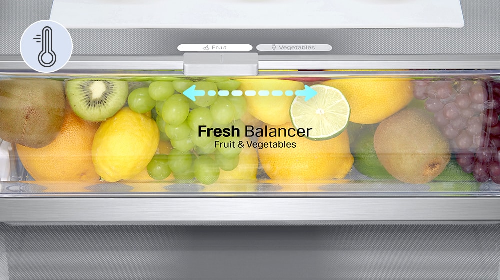 "תקריב של מגירת FRESH Converter מלאה בבשר, מכוונת לטמפרטורה המתאימה לבשר מבין האפשרויות של בשר, דגים וירקות.