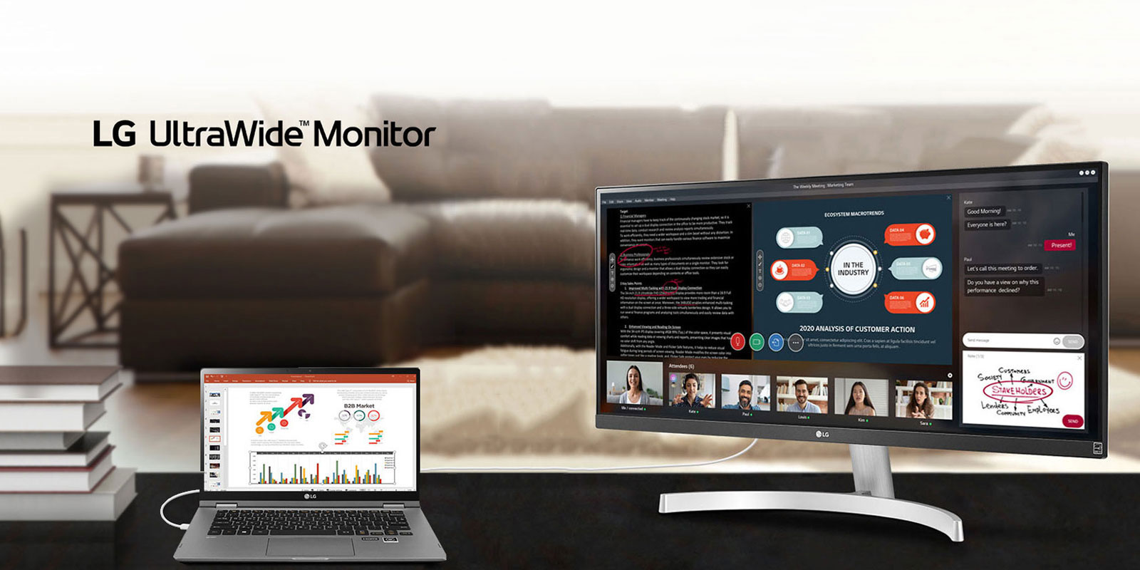 התמונה מציגה צג LG UltraWide™ עם מסך רחב המפוצל לארבעה חלקים בוובינר הנמצא בעיצומו; מסמך טקסט לדיון, מצגת PowerPoint, חמש הזרמות וידאו של חמישה משתתפים ומסך צ’אט עם תרשים לשליחה.