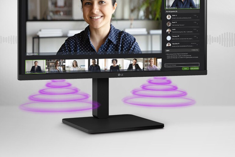 מבט צד המציג סצנת ועידת וידאו על הצג.