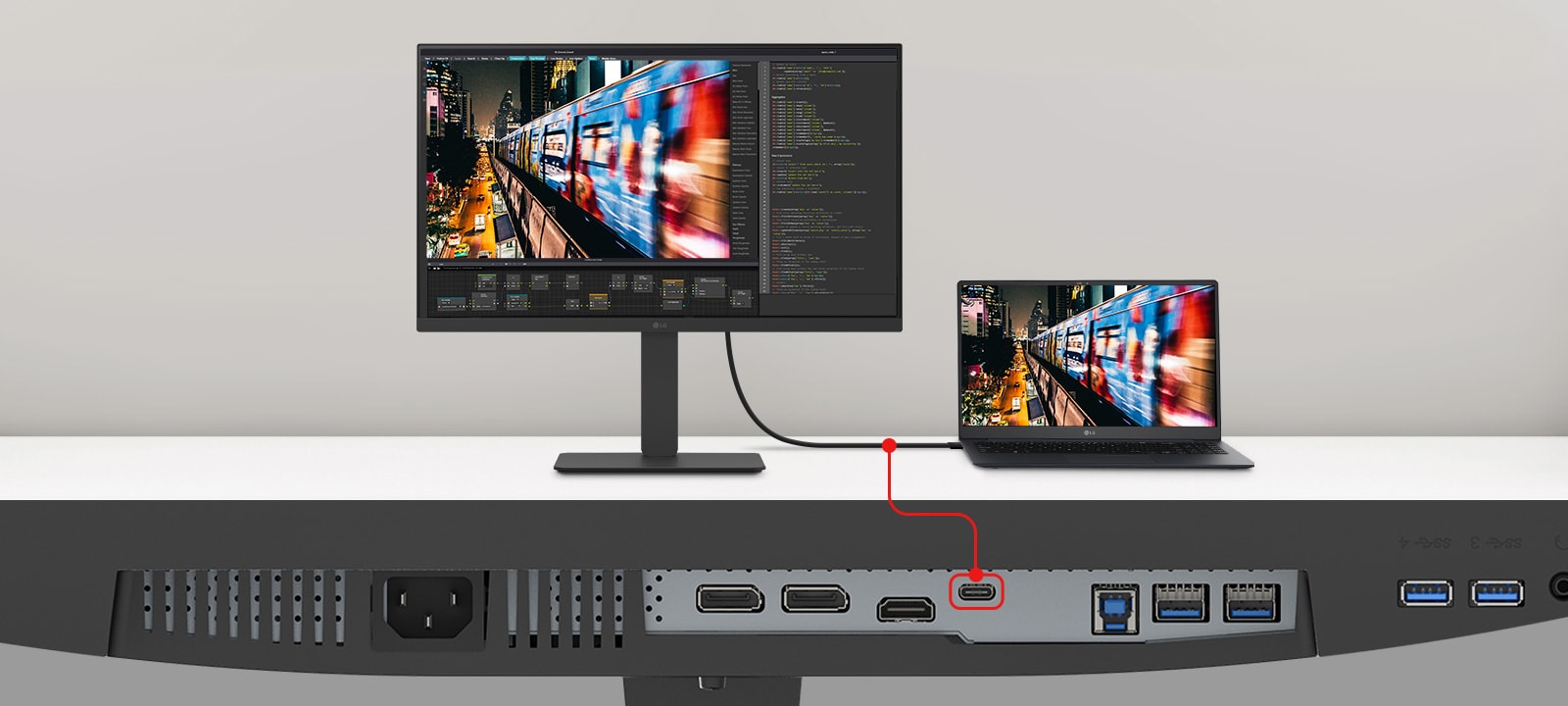 תמונה של מחשב נייד ומסך המחוברים באמצעות כבל USB Type-C יחיד.