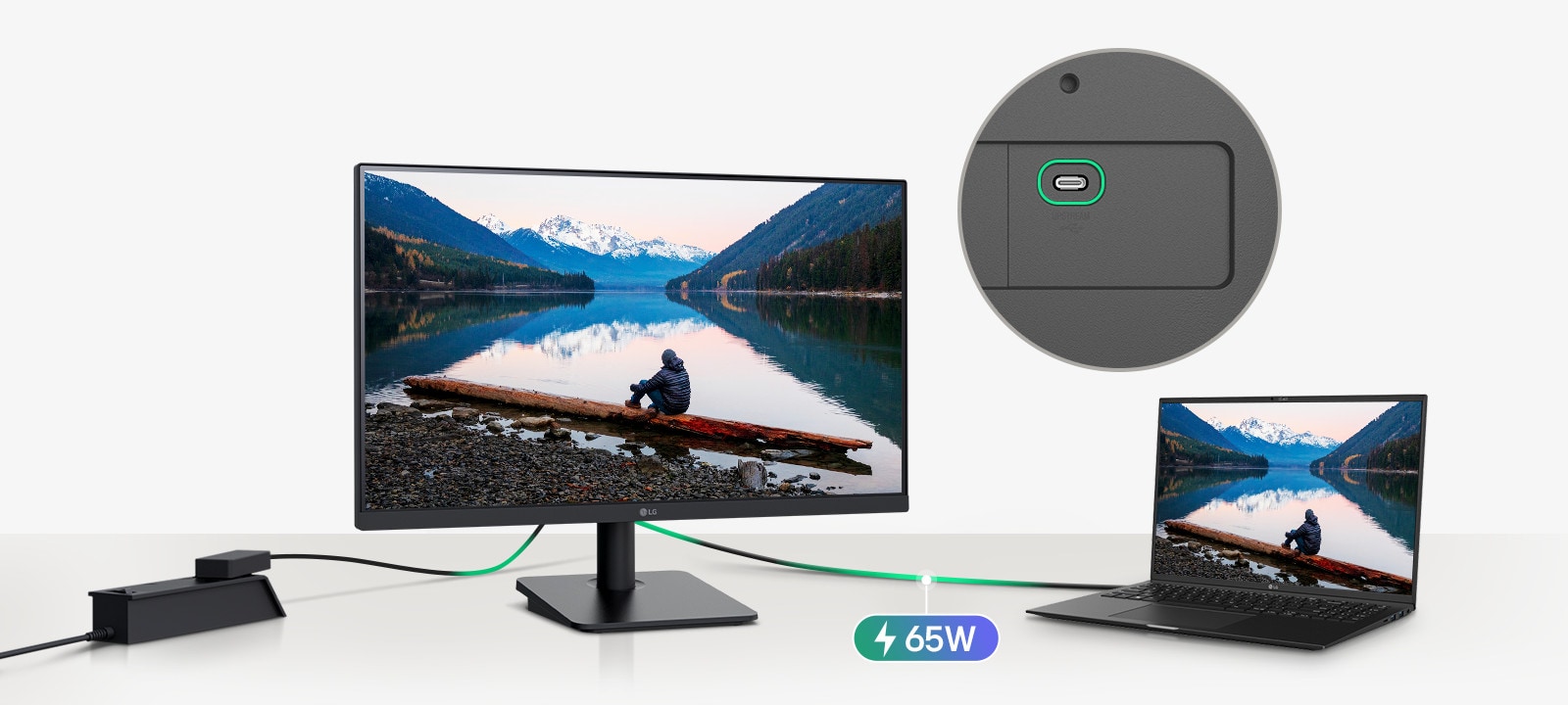 תמונה של מחשב נישא ומסך המחוברים באמצעות כבל USB-C יחיד.