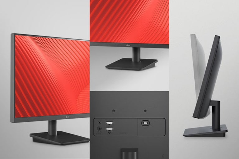 התמונה מציגה מסגרת מסך דקה משלושה צדדים, יציאות שונות ואת תצוגת ההטיה של המסכים.