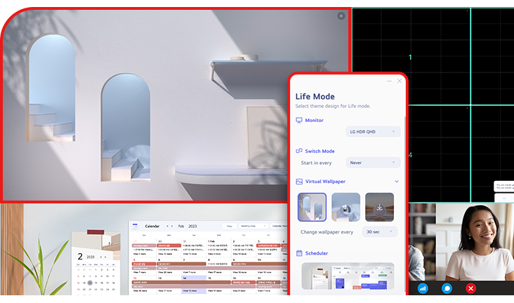 אפליקציית LG Switch מסייעת למטב את הצג עבור סביבת עבודה יעילה, בעזרת חלוקת התצוגה לשישה אזורים, ניהול לוחות זמנים או הפעלה קלה של פלטפורמת שיחות הווידאו באמצעות מקשי קיצור.