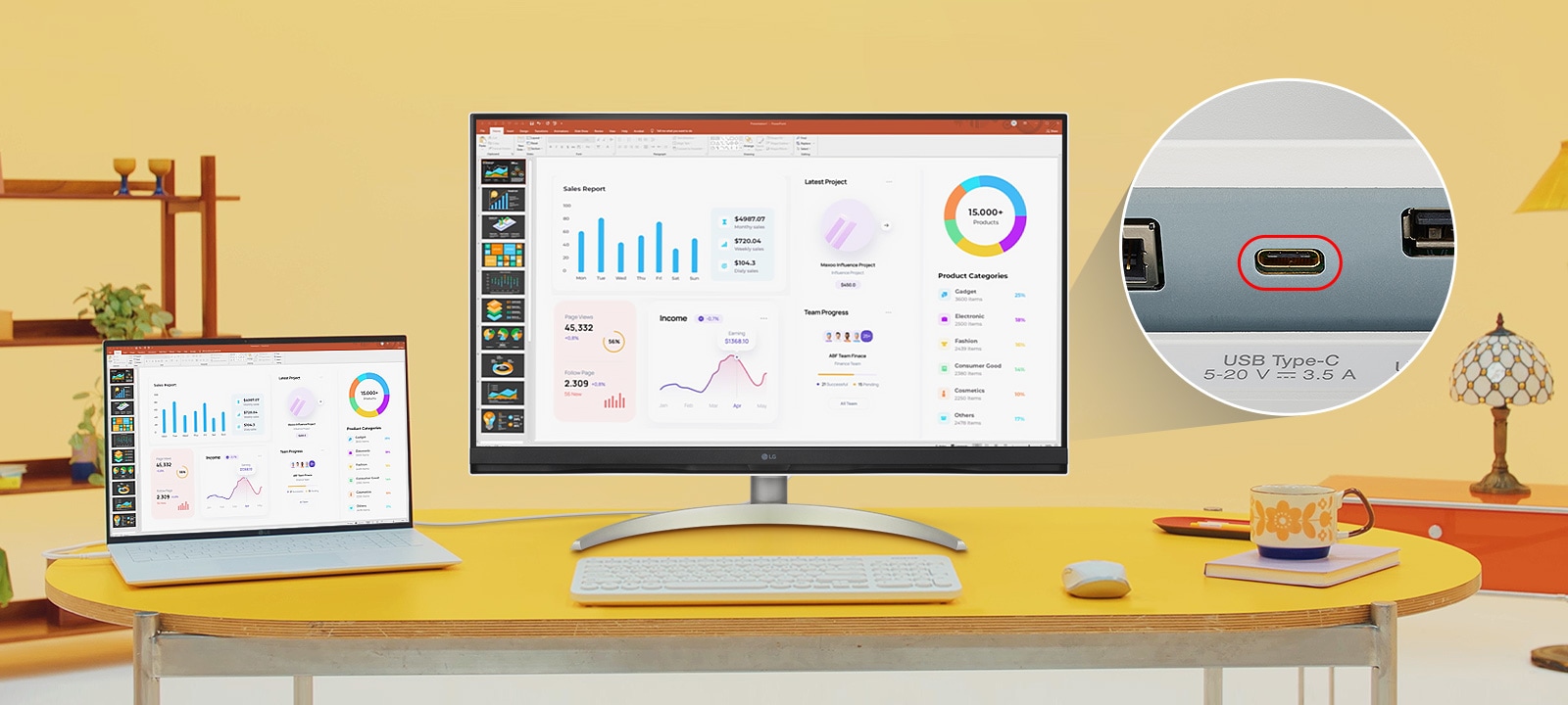 יציאות USB Type-C™‎ מאפשרות תצוגת 4K, העברת נתונים וטעינת מכשיר מחובר (עד 65 וואט) באמצעות כבל אחד.	