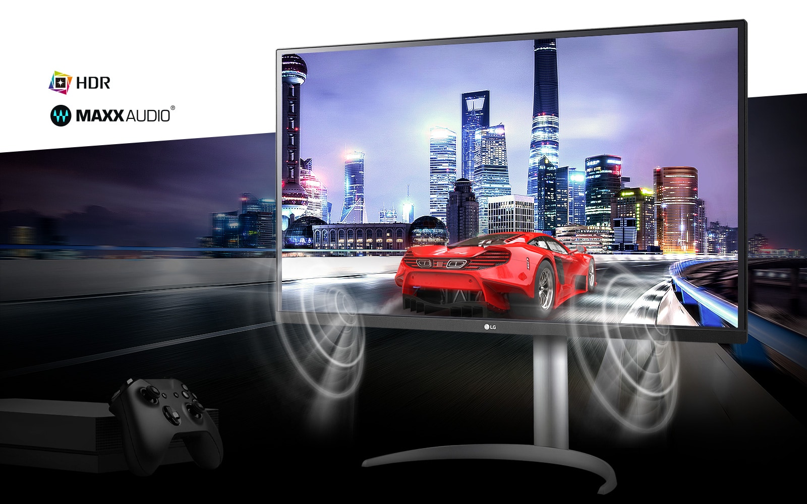 סצנת מכונית הגיימינג מקונסולת משחקים באיכות 4K HDR אמיתית עם ®MAXXAUDIO