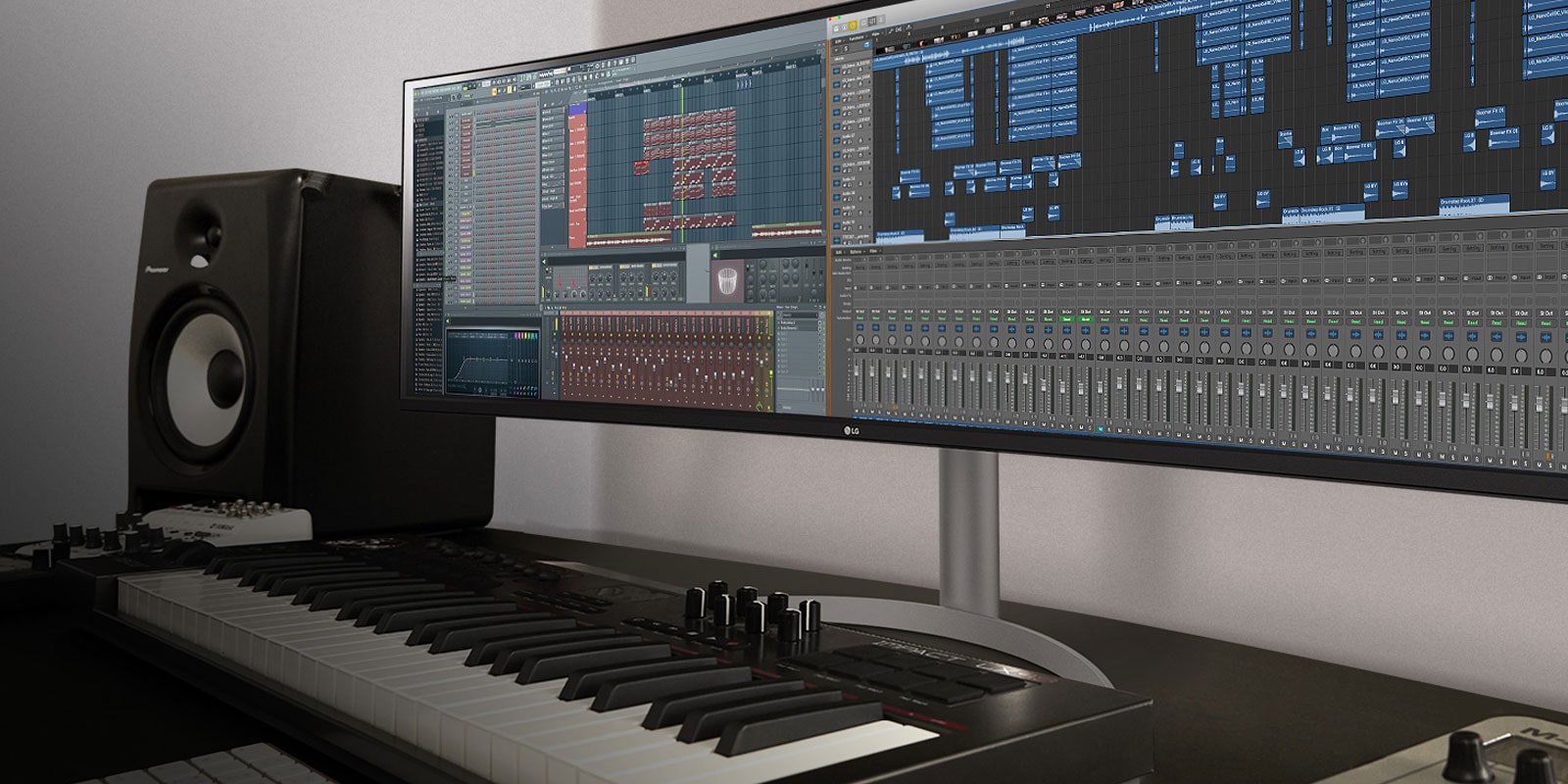 ניתן לראות שדגם 49WQ95C מציג כלי עריכת מוזיקה יחד עם ציר הזמן כולו במסך אחד.