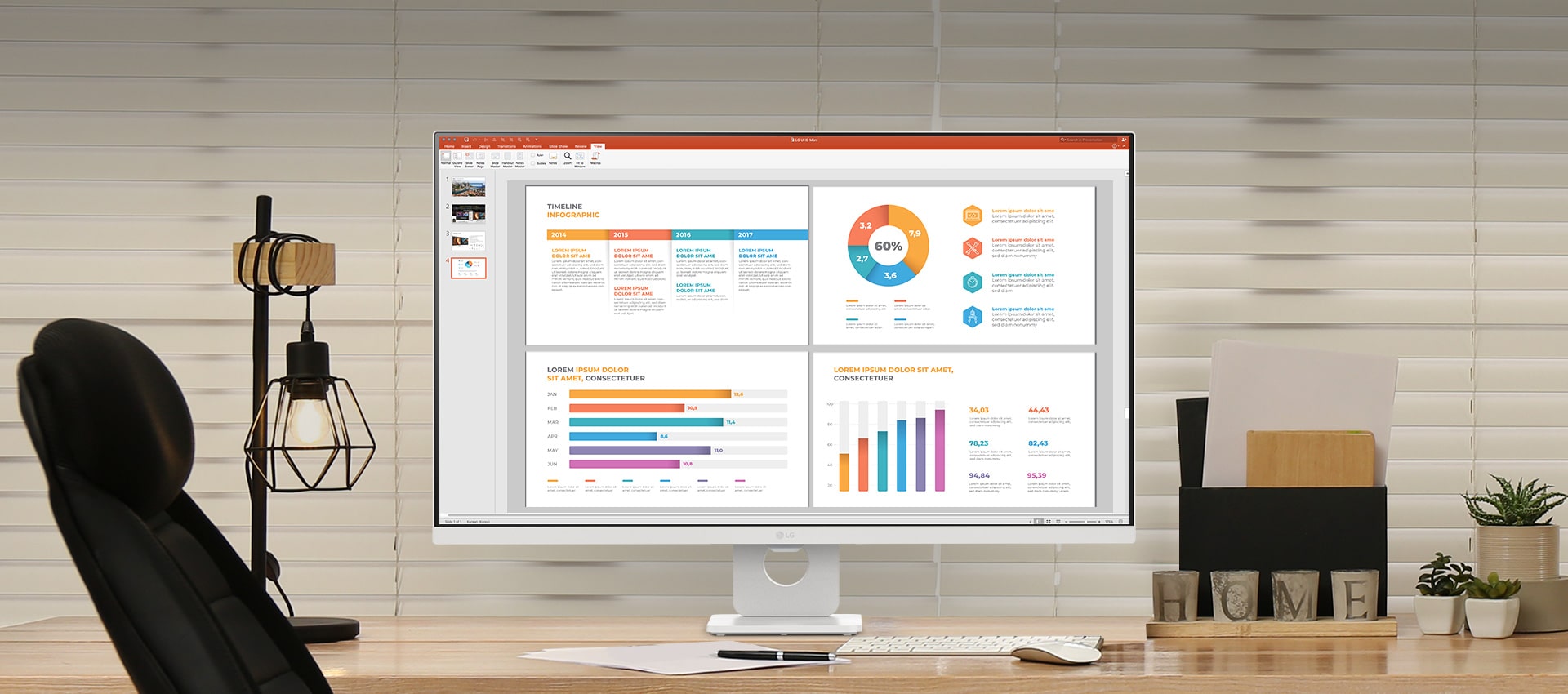 התמונה מציגה את מסך ה-LG Smart Monitor על השולחן, המציג עבודה ובידור.