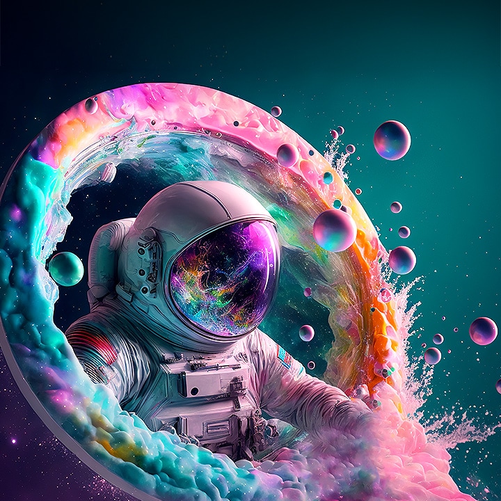 התמונה מציגה אסטרונאוט ותמונה מופשטת צבעונית עם צבעי 4K UHD תוססים.