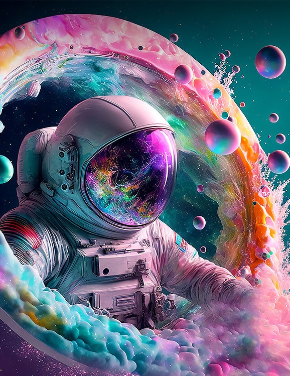 התמונה מציגה אסטרונאוט ותמונה מופשטת צבעונית עם צבעי 4K UHD תוססים.