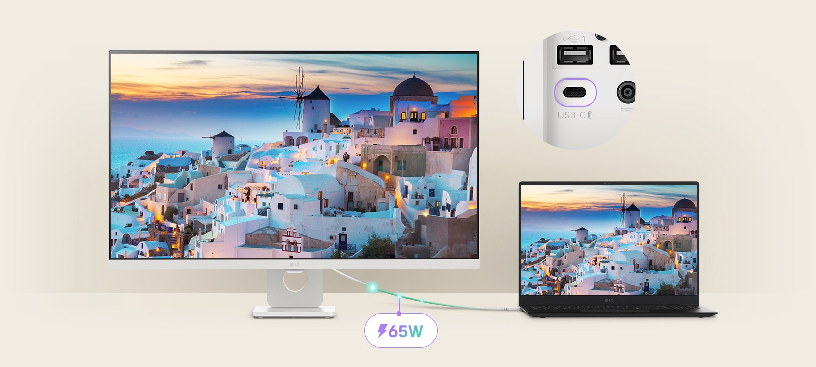 מחשב נייד מחובר למסך LG Smart Monitor באמצעות USB-C. הוא נטען דרך USB-C ומציג את אותו התצוגה.