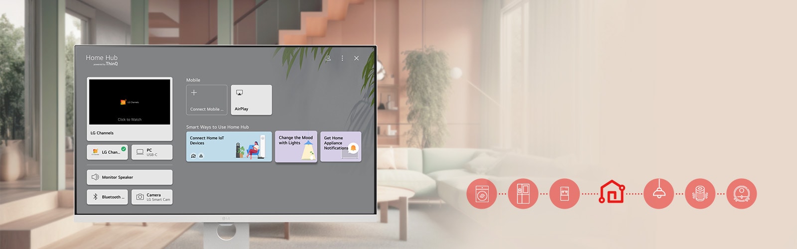 מסך ה-LG Smart Monitor מציג את ממשק לוח המחוונים של ThinQ Home.
