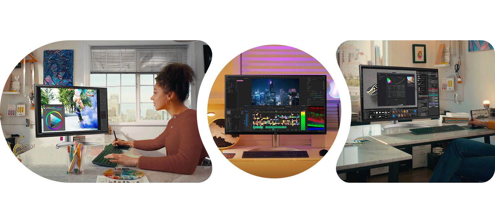 סצנה של פוטושופ, סטרימינג ועריכת וידאו עם מסך 27UQ850V.