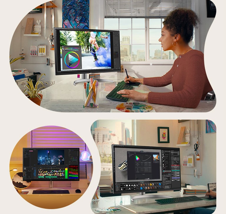 סצנה של פוטושופ, סטרימינג ועריכת וידאו עם מסך 27UQ850V.