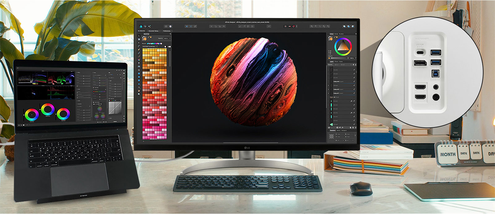 מסך  ™LG UltraFine תואם למגוון סוגי מכשירים כי יש לו יציאת ™USB Type-C, יציאת DisplayPort, יציאת HDMI ושתי יציאות USB.