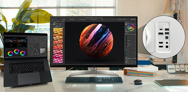 מסך  ™LG UltraFine תואם למגוון סוגי מכשירים כי יש לו יציאת ™USB Type-C, יציאת DisplayPort, יציאת HDMI ושתי יציאות USB.