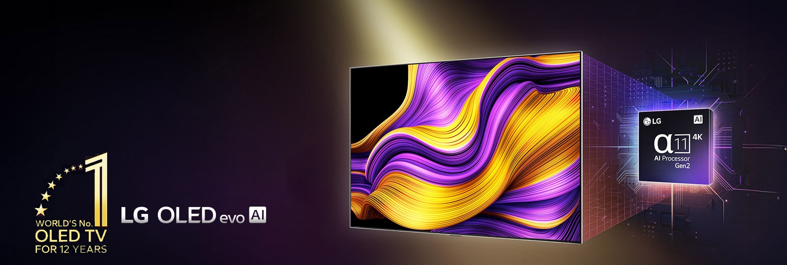 טלוויזיית LG OLED מציגה יצירת אמנות צבעונית ומופשטת על המסך, כאשר מעבד alpha 11 AI Gen2 מודגש מאחוריה. קרני אור בוהקות מתפשטות מהמעבד ומהטלוויזיה, ומדגישות את הטכנולוגיה המתקדמת שלה. בנוסף, נראית גם הסמל “טלוויזיית ה‑OLED מספר 1 בעולם במשך 12 שנים”. 