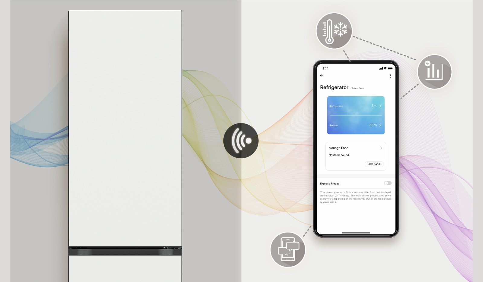 תמונה זאת מציגה מקפיא תחתון וטלפון נייד עם ThinQ על המסך. סביב הטלפון הנייד, נראים סמלים המציגים את הפונקציות של ThinQ.