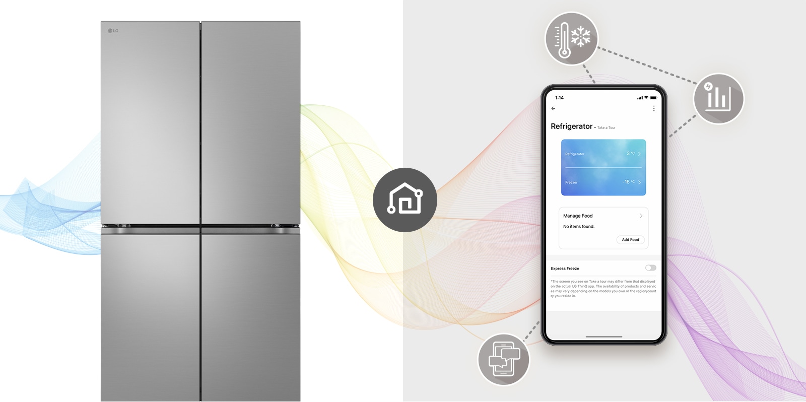 רואים אישה מרחוק, יושבת בנוחות ליד שולחן ועובדת. יש רמקול בינה מלאכותית על השולחן. מתרחקים מהאישה, הקירות ומקרר ה-InstaView בזכוכית שחורה מתמקמים.