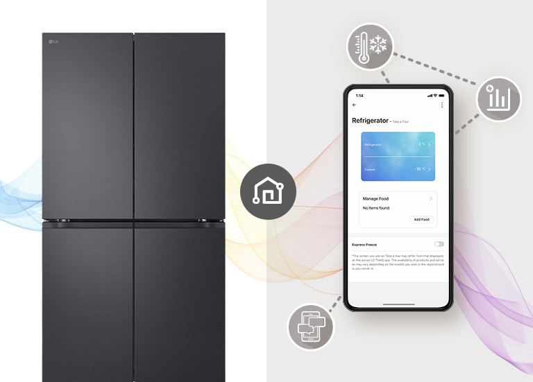 רואים אישה מרחוק, יושבת בנוחות ליד שולחן ועובדת. יש רמקול בינה מלאכותית על השולחן. מתרחקים מהאישה, הקירות והמקרר עם ה-InstaView בזכוכית שחורה מתמקמים.