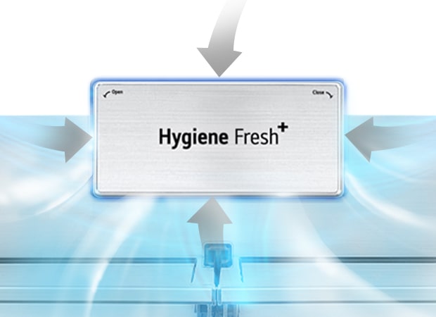 מערכת +Hygiene Fresh משתמשת בסינון באמצעות פחמן כדי לשמור על פנים המקרר חופשי מריחות, נקי ורענן.