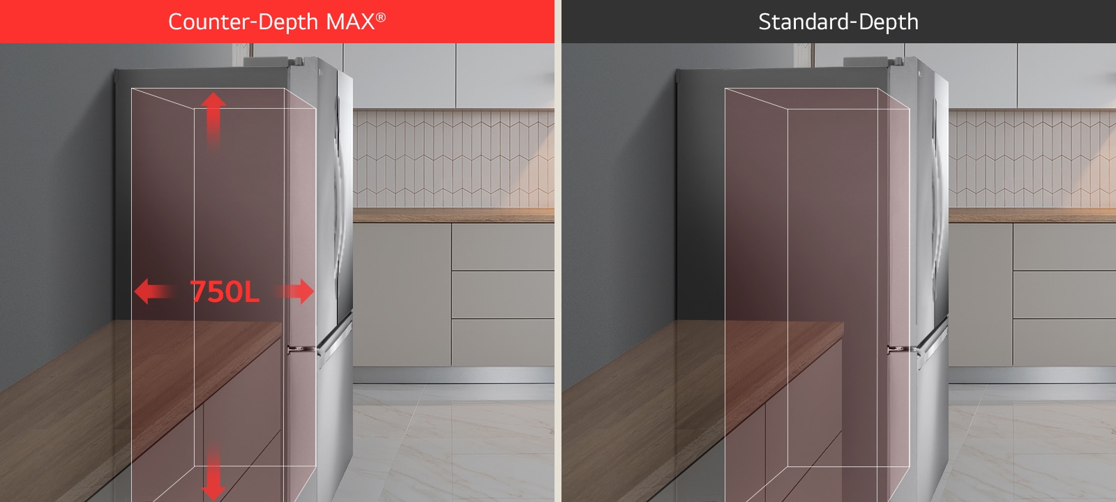 רוחב דופן המקרר במטבח הוא 750 ליטר בהשוואה לשני מקררים דופן רחבים יותר.