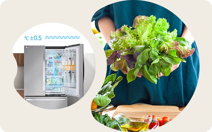 בתמונה משמאל רואים מקרר עם אוויר קר יוצא מהדלת הפתוחה שבפינה הימנית העליונה של המטבח, ובתמונה מימין אדם מחזיק ירקות